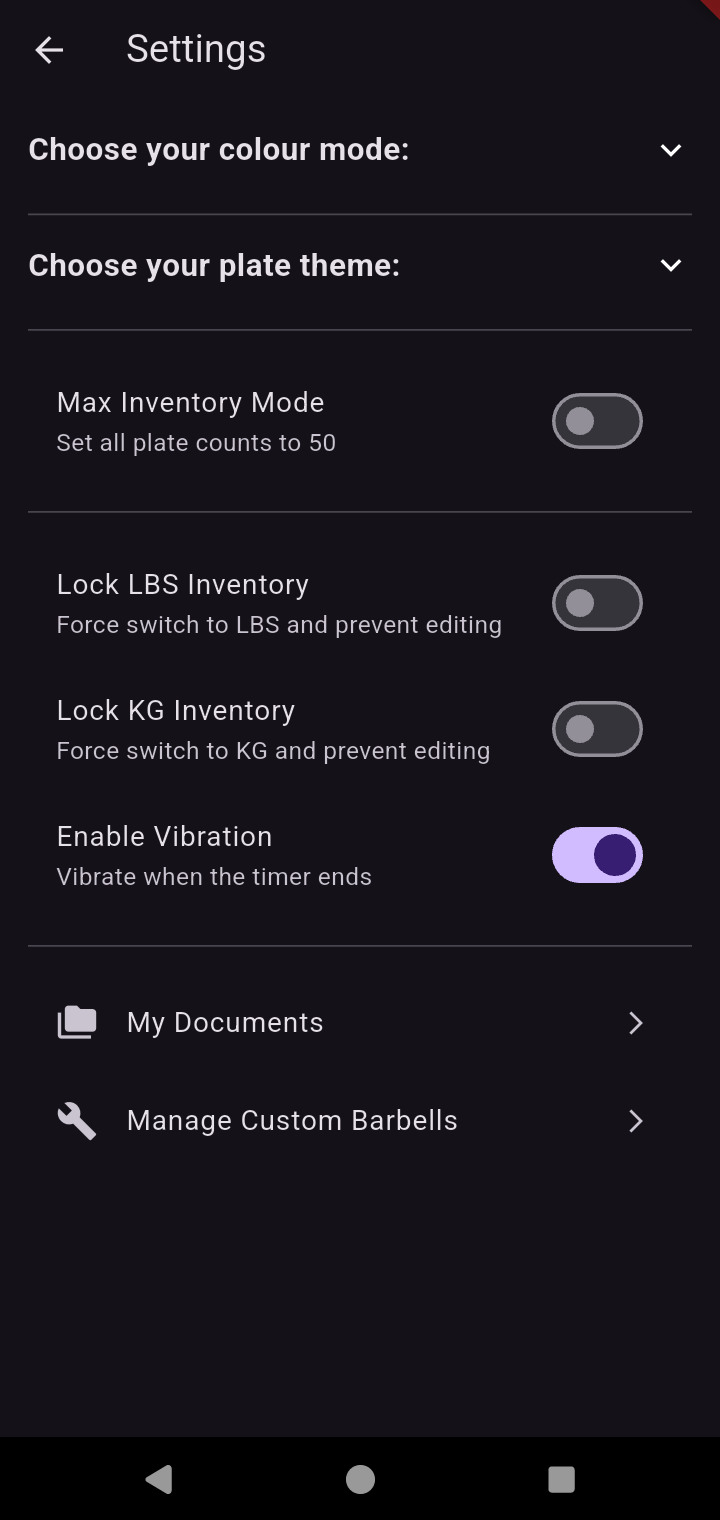 Rack It - Settings screen